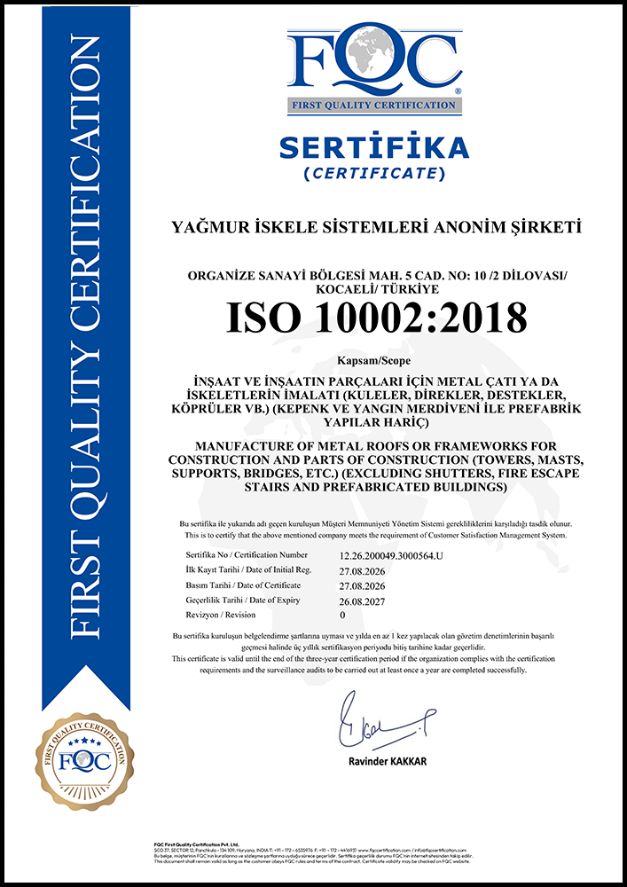 CERTIFICATE ISO 10002 26 08 2027 - CERTIFICATE